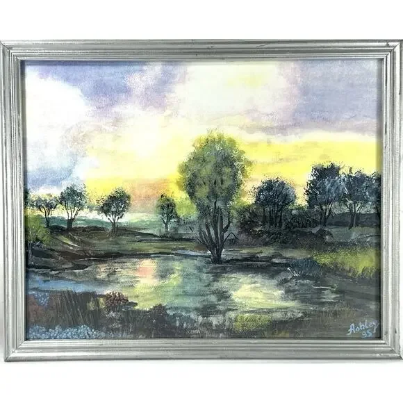 Ashley 1995 Framed Landscape Print Trees at Sunset Pond Reflection Art 15x12 - Picture 2 of 6